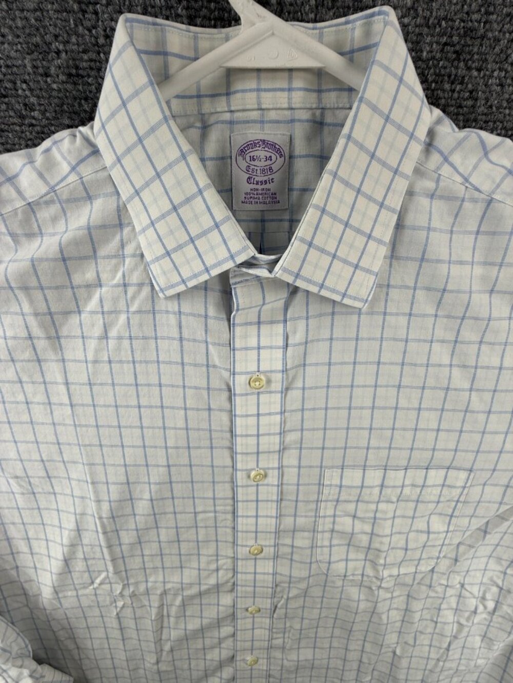 Brooks Brothers Classic Cotton Non-Iron Check 16.5 34 Blue Shirt Pocket Men
